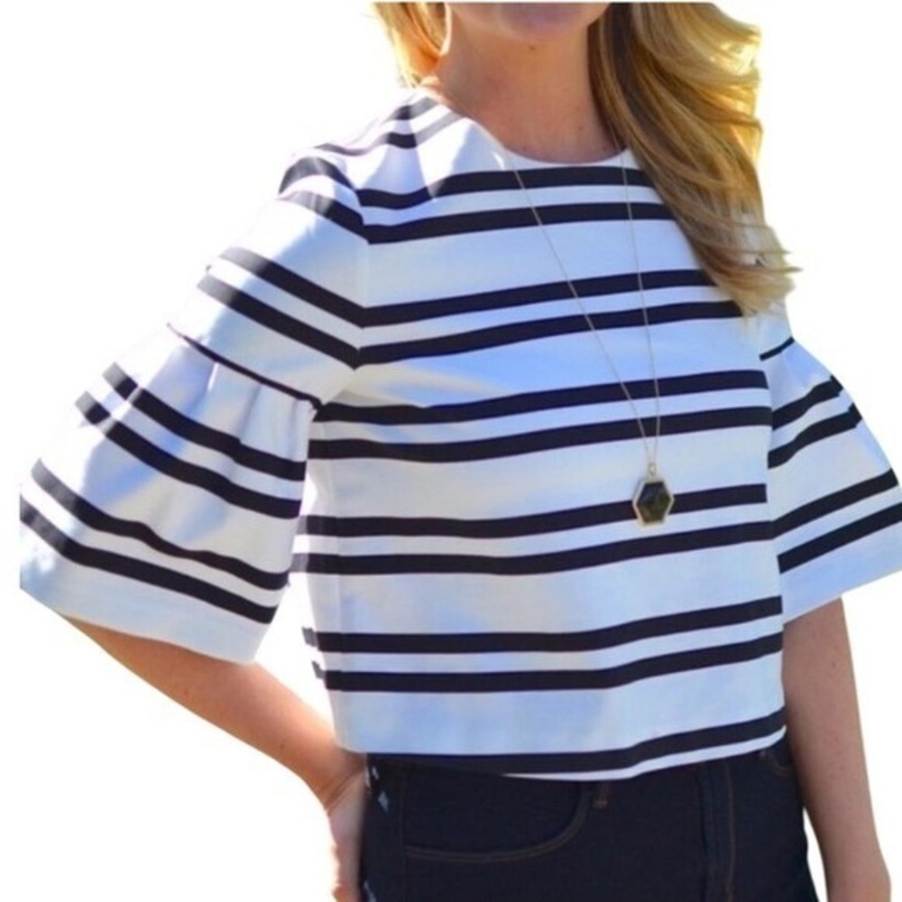 Zara White and Navy Striped Bell Sleeve Crop Top